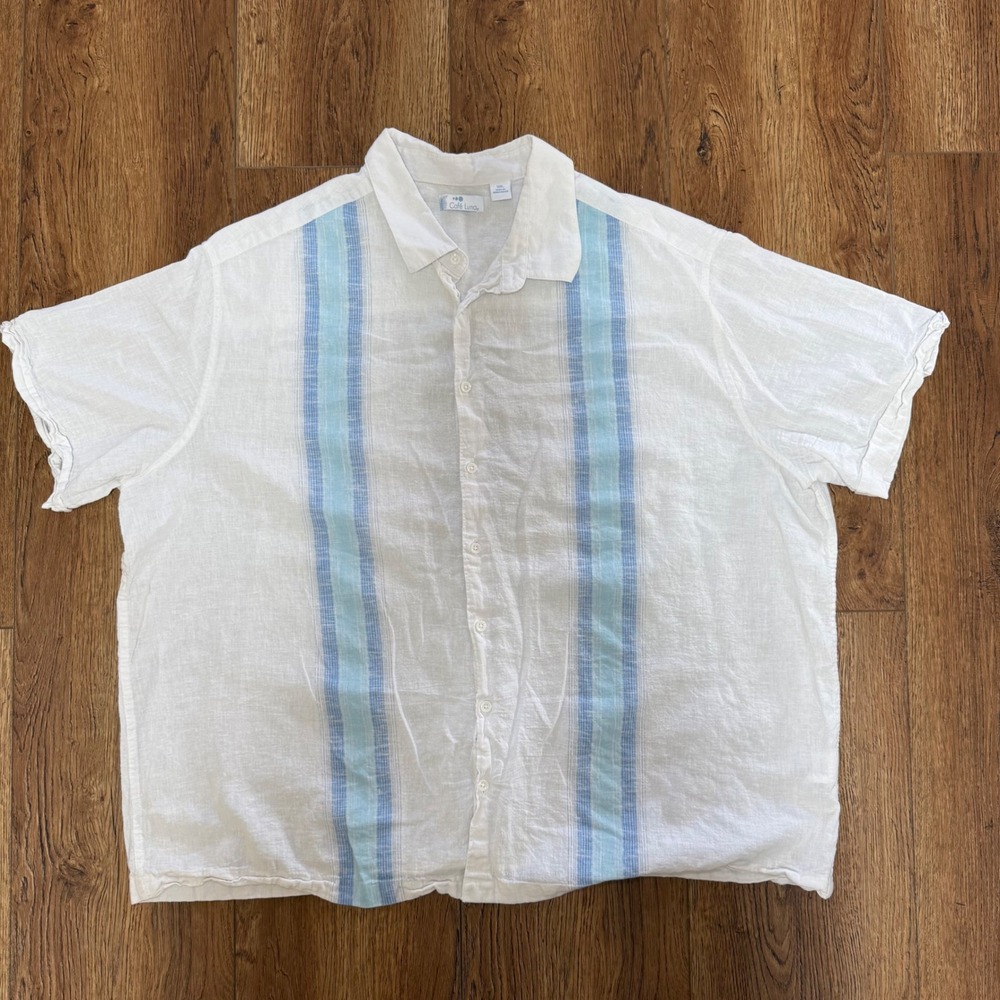 Cafe Luna Mens 3XL White Blue Striped Linen Blend Short Sleeve Button Down Shirt